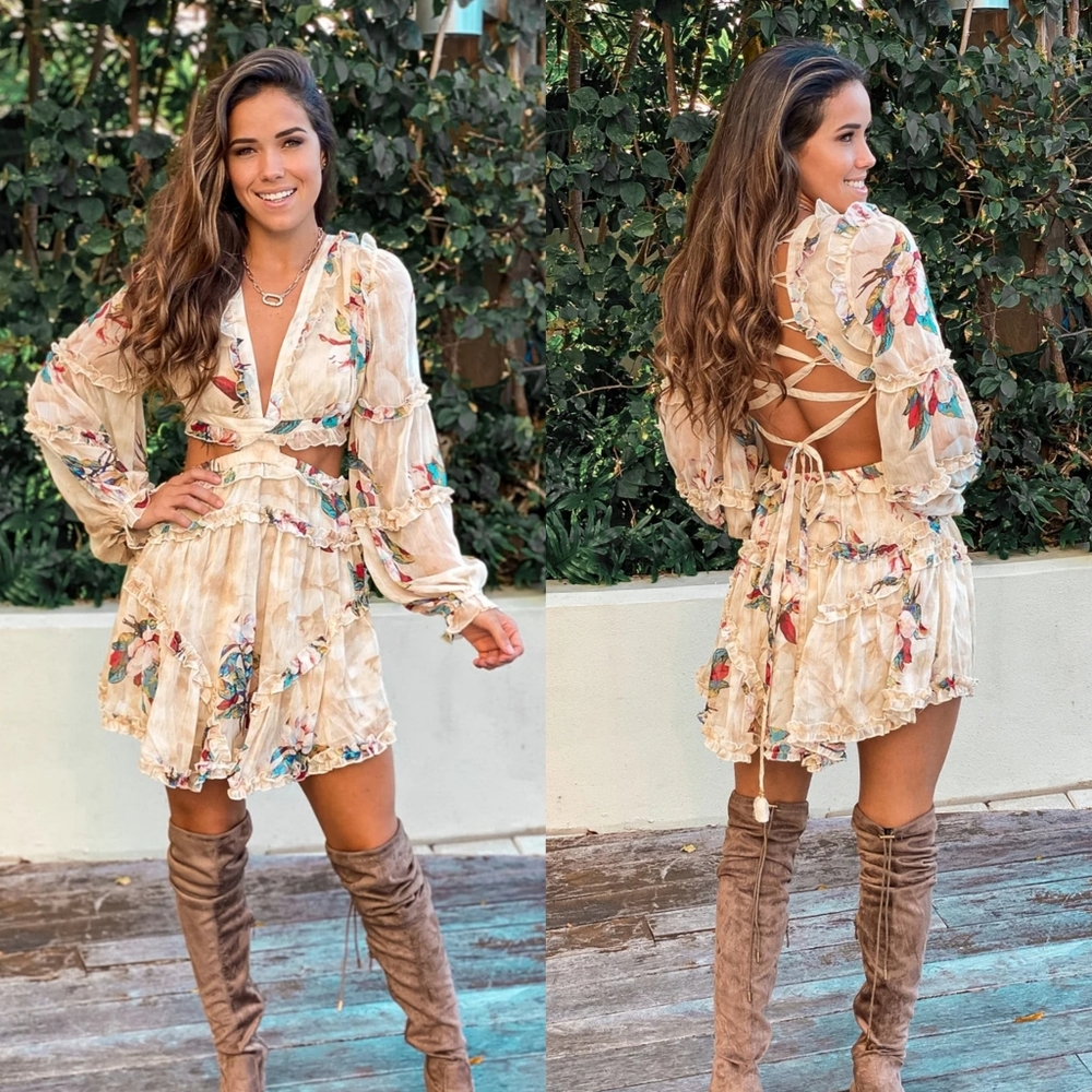 NWT Luxxel Ivory Floral Mini Dress Small Cutout Open Back Tiered Ruffle Chic